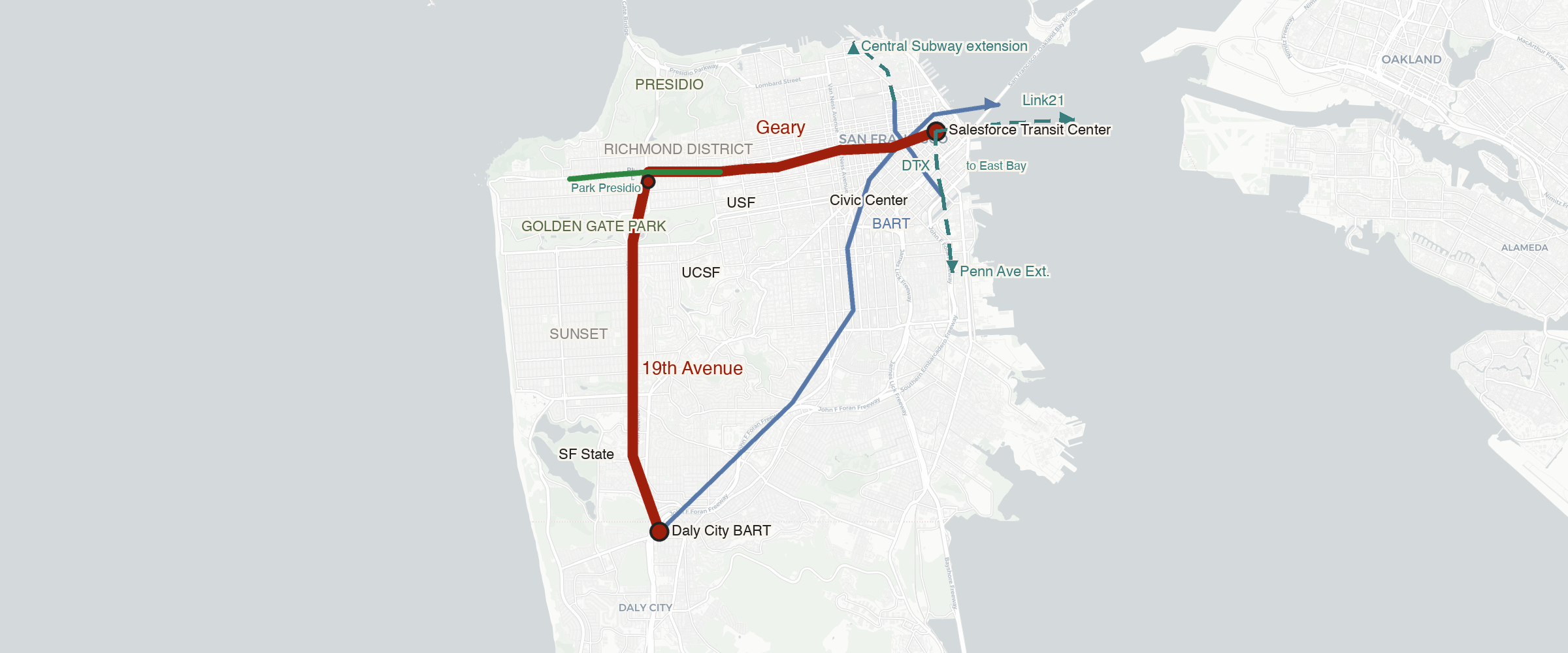Map of the proposed Geary and 19th Avenue subway corridor through San Francisco, from Salesforce Transit Center east, west on Geary, south on 19th Avenue to Daly City BART.