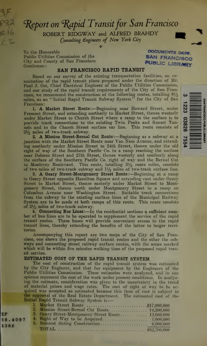 First page of the 1935 Ridgway-Brahdy Report on rapid transit for San Francisco